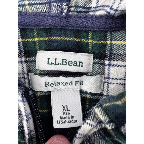 LL‎ Bean Flannel Zip Up Hoodie Mens XL LightWeight Relaxed Fit Green Plaid - Picture 3 of 13